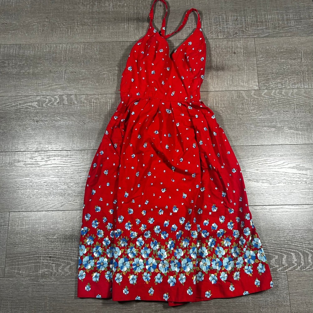 Vintage Lanz Original Red Floral Halter Sundress Border Print Cotton‎ Fit Flare